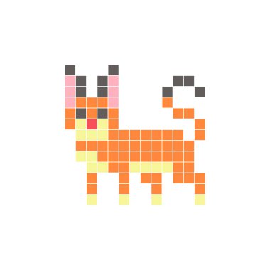 Temiz bir ikon düzeninde geometrik kare renk bloklarından yapılmış düz bir piksel tasarımı. Yaratıcı modern elementler, izole eşyalar ya da parlak zanaat projeleri için uygundur. Piksel sanat karakteri