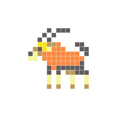 Temiz bir ikon düzeninde geometrik kare renk bloklarından yapılmış düz bir piksel tasarımı. Yaratıcı modern elementler, izole eşyalar ya da parlak zanaat projeleri için uygundur. Piksel sanat antilobu