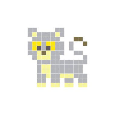 Temiz bir ikon düzeninde geometrik kare renk bloklarından yapılmış düz bir piksel tasarımı. Yaratıcı modern elementler, izole eşyalar ya da parlak zanaat projeleri için uygundur. Piksel Sanat Aslanı