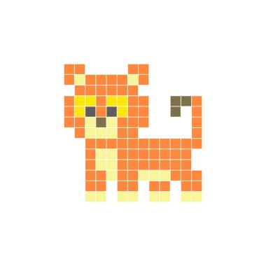 Temiz bir ikon düzeninde geometrik kare renk bloklarından yapılmış düz bir piksel tasarımı. Yaratıcı modern elementler, izole eşyalar ya da parlak zanaat projeleri için uygundur. Piksel Sanat Aslanı