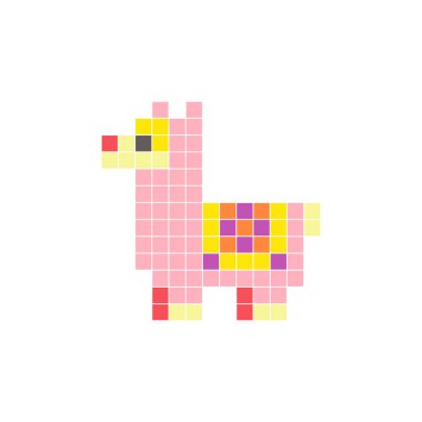 Temiz bir ikon düzeninde geometrik kare renk bloklarından yapılmış düz bir piksel tasarımı. Yaratıcı modern elementler, izole eşyalar ya da parlak zanaat projeleri için uygundur. Piksel Sanat Lama