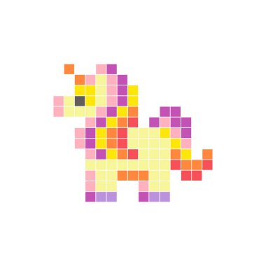 Temiz bir ikon düzeninde geometrik kare renk bloklarından yapılmış düz bir piksel tasarımı. Yaratıcı modern elementler, izole eşyalar ya da parlak zanaat projeleri için uygundur. Pixel sanat fantezi midillisi