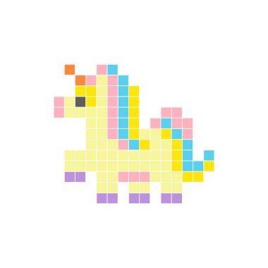 Temiz bir ikon düzeninde geometrik kare renk bloklarından yapılmış düz bir piksel tasarımı. Yaratıcı modern elementler, izole eşyalar ya da parlak zanaat projeleri için uygundur. Pixel sanat fantezi midillisi