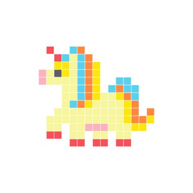 Temiz bir ikon düzeninde geometrik kare renk bloklarından yapılmış düz bir piksel tasarımı. Yaratıcı modern elementler, izole eşyalar ya da parlak zanaat projeleri için uygundur. Pixel sanat fantezi midillisi