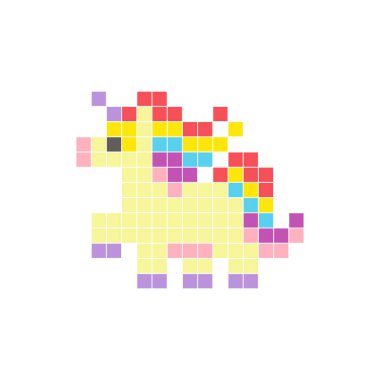 Temiz bir ikon düzeninde geometrik kare renk bloklarından yapılmış düz bir piksel tasarımı. Yaratıcı modern elementler, izole eşyalar ya da parlak zanaat projeleri için uygundur. Pixel sanat fantezi midillisi