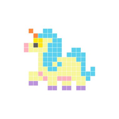 Temiz bir ikon düzeninde geometrik kare renk bloklarından yapılmış düz bir piksel tasarımı. Yaratıcı modern elementler, izole eşyalar ya da parlak zanaat projeleri için uygundur. Pixel sanat fantezi midillisi