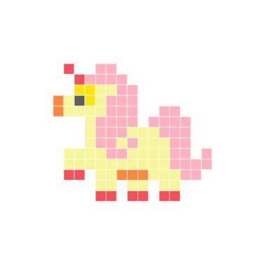 Temiz bir ikon düzeninde geometrik kare renk bloklarından yapılmış düz bir piksel tasarımı. Yaratıcı modern elementler, izole eşyalar ya da parlak zanaat projeleri için uygundur. Pixel sanat fantezi midillisi