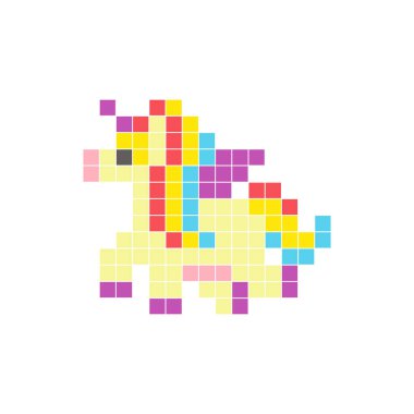 Temiz bir ikon düzeninde geometrik kare renk bloklarından yapılmış düz bir piksel tasarımı. Yaratıcı modern elementler, izole eşyalar ya da parlak zanaat projeleri için uygundur. Pixel sanat fantezi midillisi