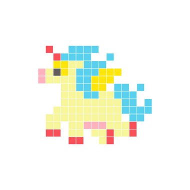 Temiz bir ikon düzeninde geometrik kare renk bloklarından yapılmış düz bir piksel tasarımı. Yaratıcı modern elementler, izole eşyalar ya da parlak zanaat projeleri için uygundur. Pixel sanat fantezi midillisi