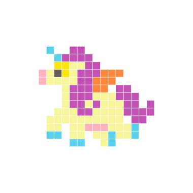 Temiz bir ikon düzeninde geometrik kare renk bloklarından yapılmış düz bir piksel tasarımı. Yaratıcı modern elementler, izole eşyalar ya da parlak zanaat projeleri için uygundur. Pixel sanat fantezi midillisi