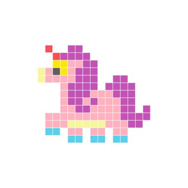 Temiz bir ikon düzeninde geometrik kare renk bloklarından yapılmış düz bir piksel tasarımı. Yaratıcı modern elementler, izole eşyalar ya da parlak zanaat projeleri için uygundur. Pixel sanat fantezi midillisi