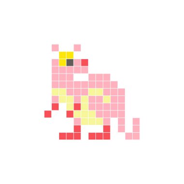 Temiz bir ikon düzeninde geometrik kare renk bloklarından yapılmış düz bir piksel tasarımı. Yaratıcı modern elementler, izole eşyalar ya da parlak zanaat projeleri için uygundur. Piksel sanat kangurusu