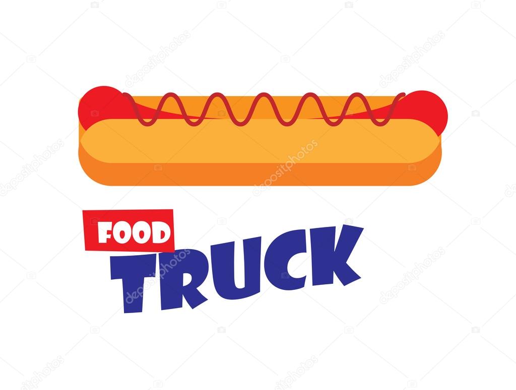Hot dog flat vector logo. Classic american fast food - sausage with mustard and ketchup. food truck logo