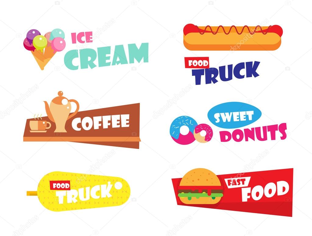 Set of Ice cream logo, burger, hot dog, fast food label for bakery menu, cafe, restaurant. Sweet donuts emblem template. Coffee badge, corn logo