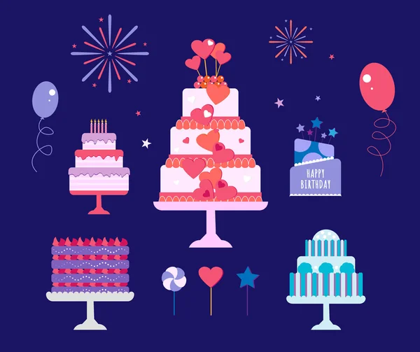 Conjunto de bolos, aniversário e casamento — Vetor de Stock