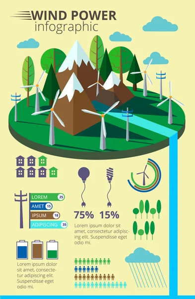 フラットなデザインのベクター情報のグラフィック。木の中で緑のフィールドでの風力発電所。プレゼンテーション、web サイト、インフォ グラフィックの生態環境の背景。Eps10 ベクトル図. — ストックベクタ