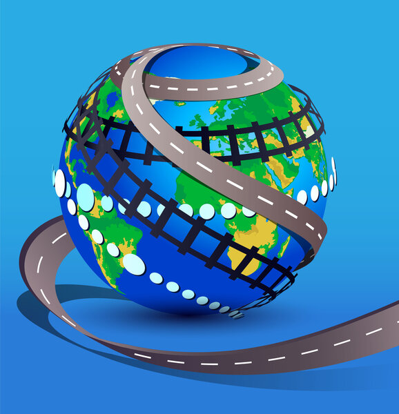 A big globe entwined with serpentine road, railway. Concept for travel, adventure and logistic. Vector illustration  Freight and logistic technologies, winding roads.