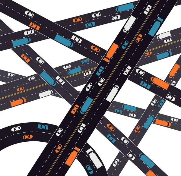 Un'illustrazione vettoriale del traffico su un'autostrada. Congestione del traffico sulle strade per problemi urbani moderni concetto. Isolato su bianco — Vettoriale Stock