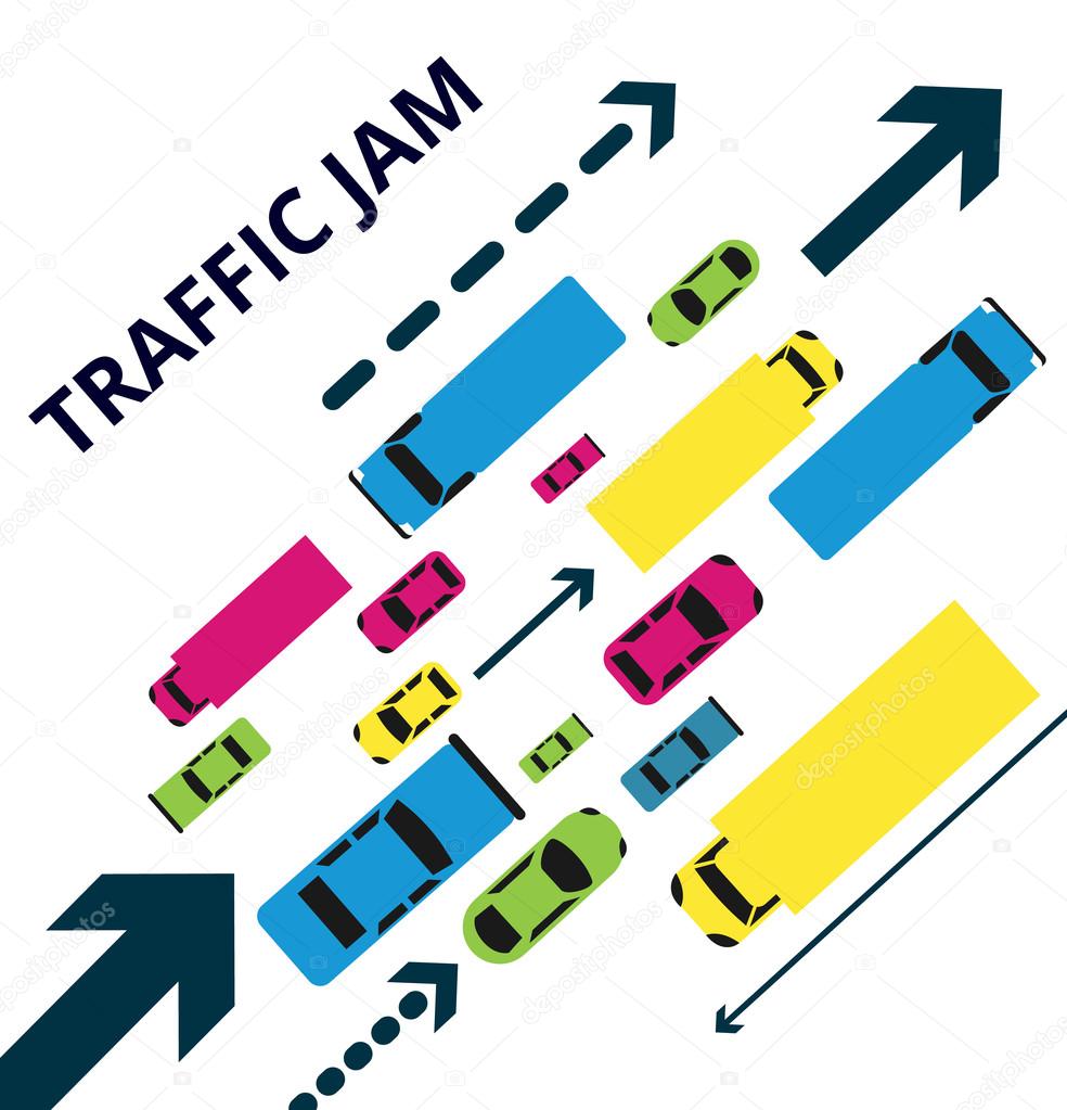 Traffic Jam Alot Of Cars Trucks And Arrows Vector Illustration