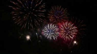 Kasvetli gece gökyüzünde parlayan 4k 'lık altın havai fişek videosu