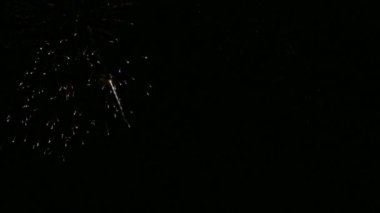 Kasvetli gece gökyüzünde parlayan 4k 'lık altın havai fişek videosu