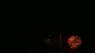 Karanlık gece gökyüzünde parlayan renkli havai fişeklerin 4K videosu