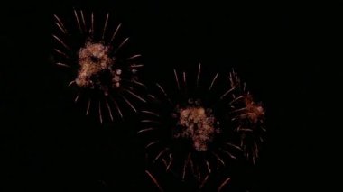 Karanlık gece gökyüzünde parlayan renkli havai fişeklerin 4K videosu