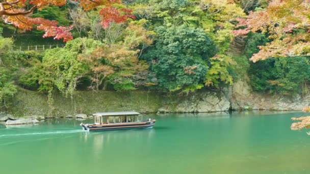 Kyoto Japón Noviembre 2018 Barquero Patea Barco Río Arashiyama Temporada — Vídeo de stock