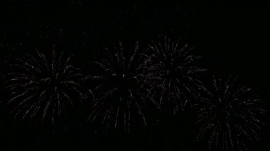 Karanlık gece gökyüzünde parlayan renkli havai fişeklerin 4K videosu