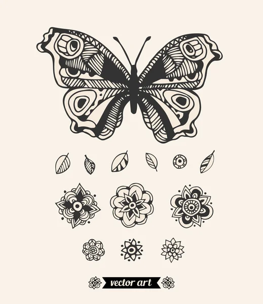 Mariposa monocroma de contorno con flores — Vector de stock