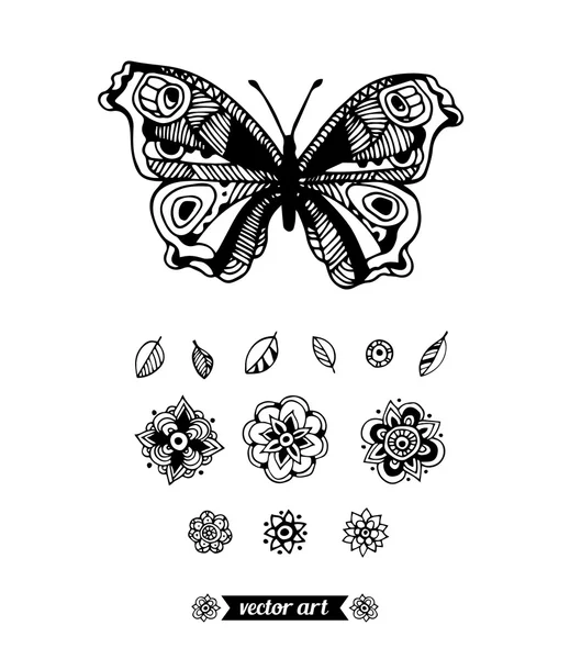 Farfalla bianco e nera con fiori e foglie — Vettoriale Stock
