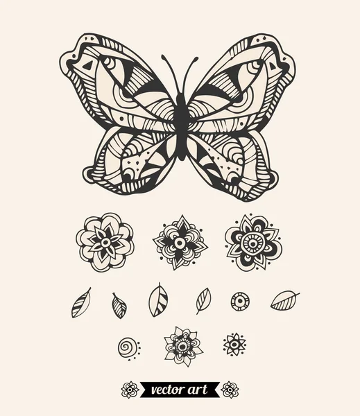 Papillon monochrome avec fleurs et feuilles — Image vectorielle