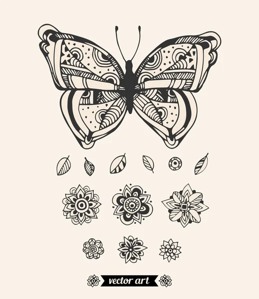 Papillon monochrome avec fleurs et feuilles — Image vectorielle