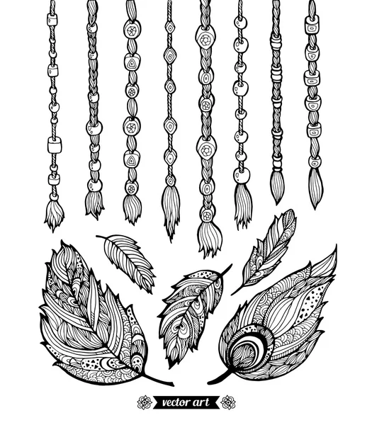 Macrame ribbons and bird feathers — Stockvector