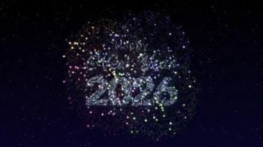 Mutlu yeni yıl 2026 animasyonları yıldızlı gece gökyüzünde neşeli havai fişeklerle