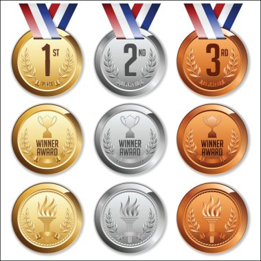 Medals with Ribbon. Set of Gold, Silver and Bronze Medals. Vector. clipart