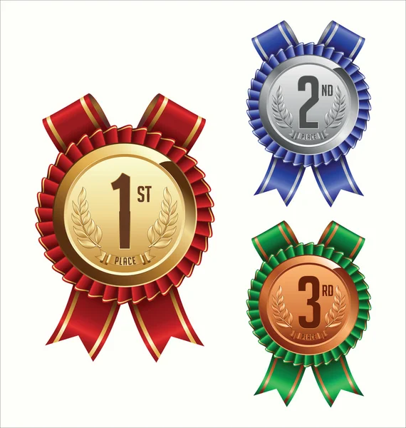 Award Ribbon. Gold, Silver and Bronze. First, Second and Third Place. — Stock Vector