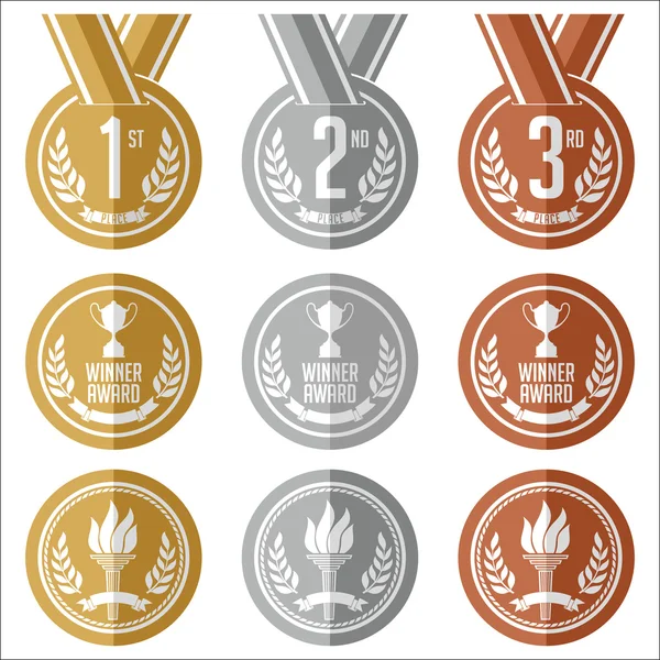 Медали с лентой. Плоская. Набор золотых, серебряных и бронзовых медалей. Вектор . — стоковый вектор