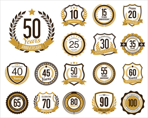 Set of Golden Anniversary Badges. Set of Golden Anniversary Signs. Vintage. Gold and Brown.