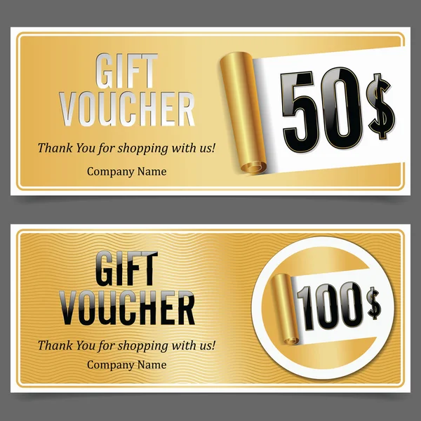 Gift Voucher. Badge with Gift Value. Gold. Scroll Paper. — Stock Vector