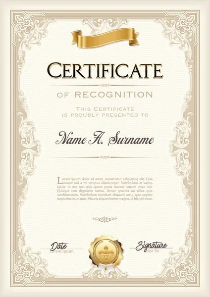 Certificado de Reconocimiento Marco Vintage con Cinta de Oro. Retrato . — Vector de stock
