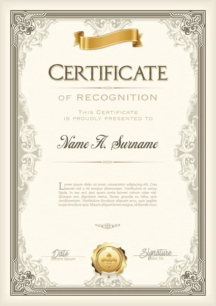 Certificado de Reconocimiento Marco Vintage con Cinta de Oro. Retrato . — Archivo Imágenes Vectoriales