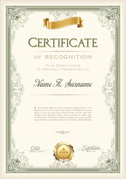 Certificado de Reconhecimento Vintage Frame com fita de ouro. Retrato . — Vetor de Stock