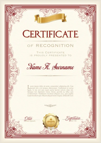 Certificado de Reconocimiento Marco Vintage con Cinta de Oro. Retrato . — Vector de stock