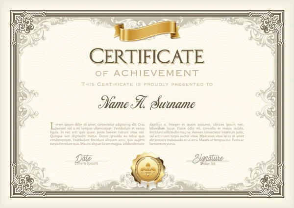 Сертификат о достижении винтажной рамы с золотой лентой. Пейзаж . — стоковый вектор