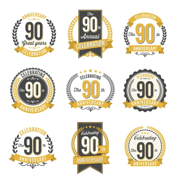 Ensemble d'insignes d'anniversaire rétro célébration du 90e anniversaire — Image vectorielle