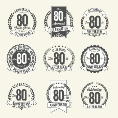 Set of Vintage Anniversary Badges 80th Year Celebration. Black and White. clipart