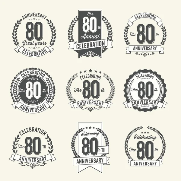 Set de Insignias de Aniversario Vintage 80º Año de Celebración. Blanco y negro . — Vector de stock