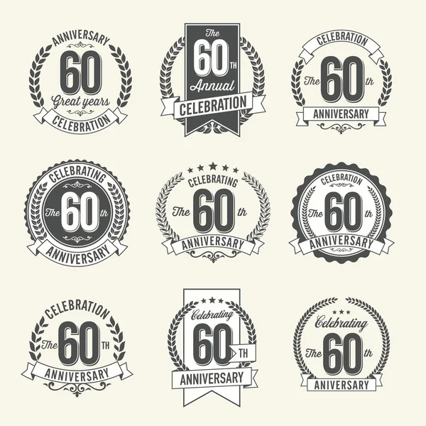 Set of Vintage Anniversary Badges 60th Year Celebration. Black and White. Royalty Free Stock Illustrations