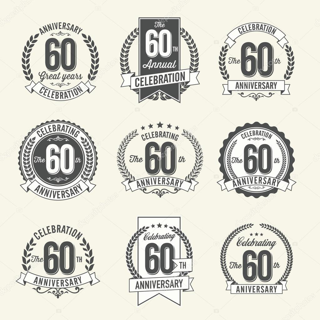 Set of Vintage Anniversary Badges 60th Year Celebration. Black and White.